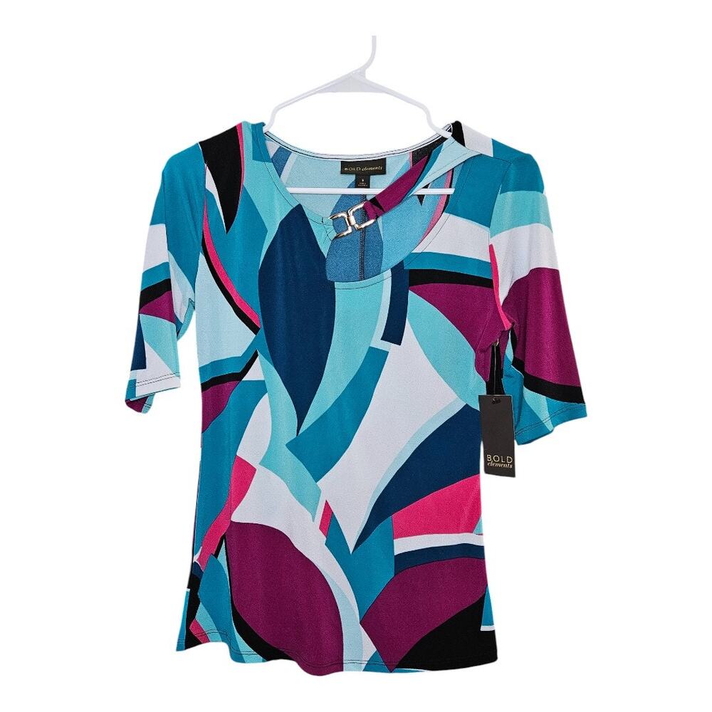 NEW Bold Elements Geometric Print Keyhole Blouse Multicolor Women's Small